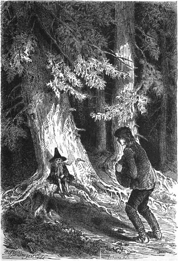 Illustration zur Sage vom kalten Herzen: das Glasmännlein im Wald